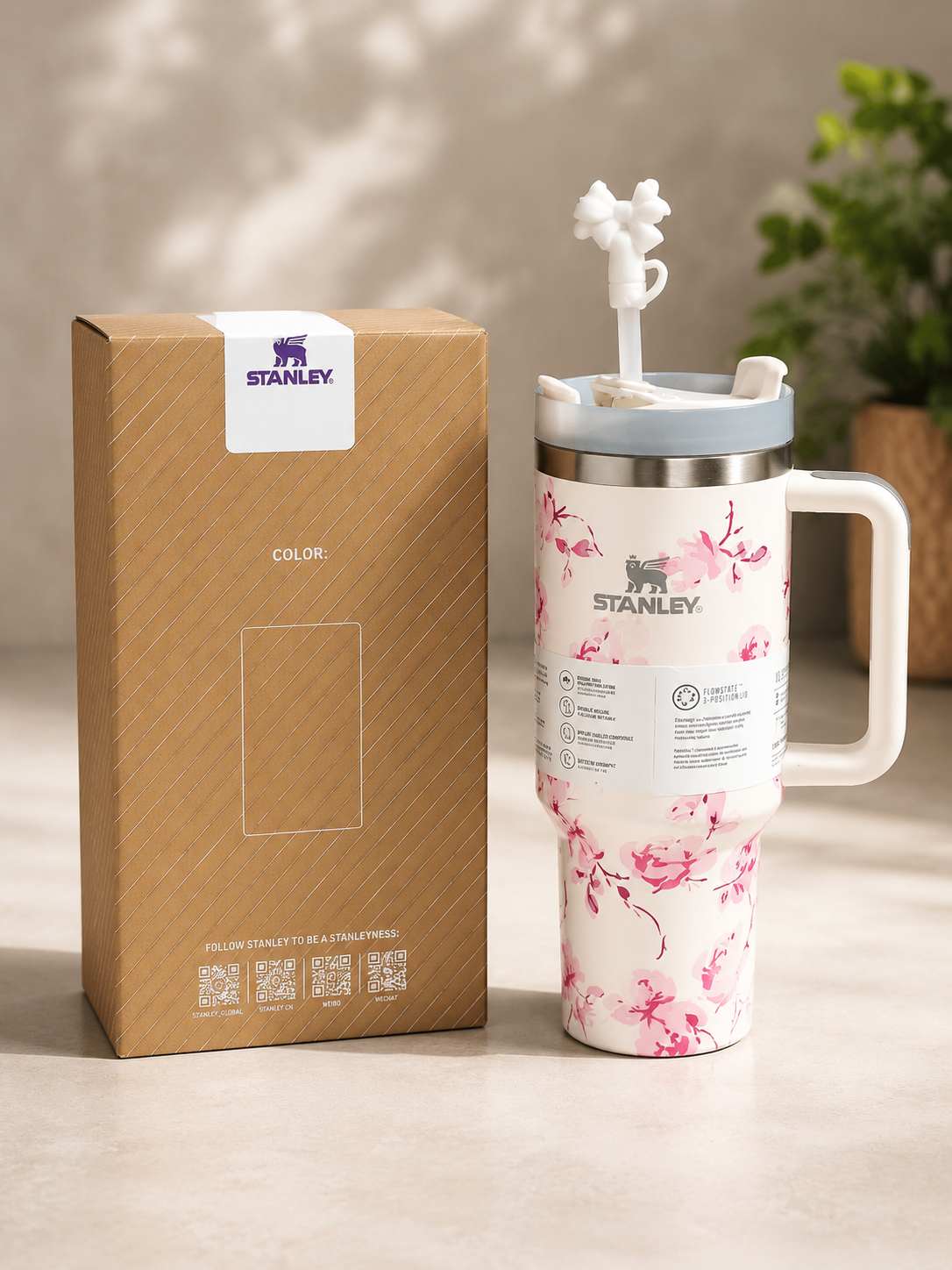 Stanley 40oz Printed Tumbler With Handle And Straw - Premium Stainless Steel Insulated Travel Mug For Hot And Cold Drinks With Leak-Resistant Lid - White Pearl