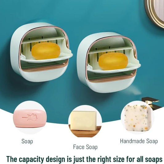 Self-Adhesive Wall-Mounted Luxury Soap Holder with Lid and Drainage Tray