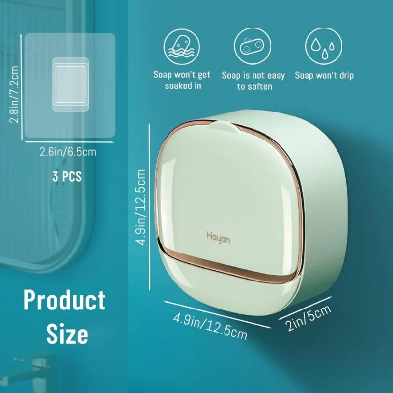 Self-Adhesive Wall-Mounted Luxury Soap Holder with Lid and Drainage Tray
