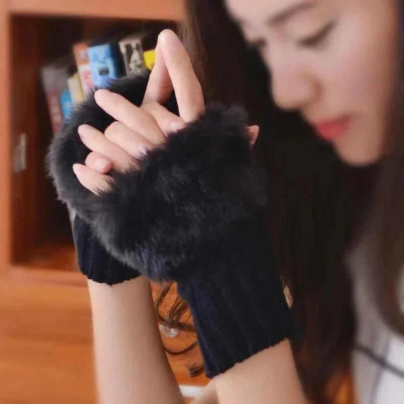 Women's Faux Fur Fingerless Knitted Gloves | Warm Winter Hand Wrist Warmers | Soft, Stylish & Comfortable