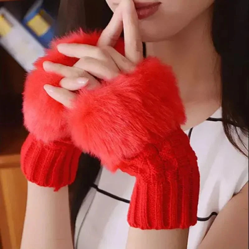 Women's Faux Fur Fingerless Knitted Gloves | Warm Winter Hand Wrist Warmers | Soft, Stylish & Comfortable