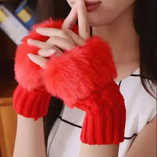Women's Faux Fur Fingerless Knitted Gloves | Warm Winter Hand Wrist Warmers | Soft, Stylish & Comfortable