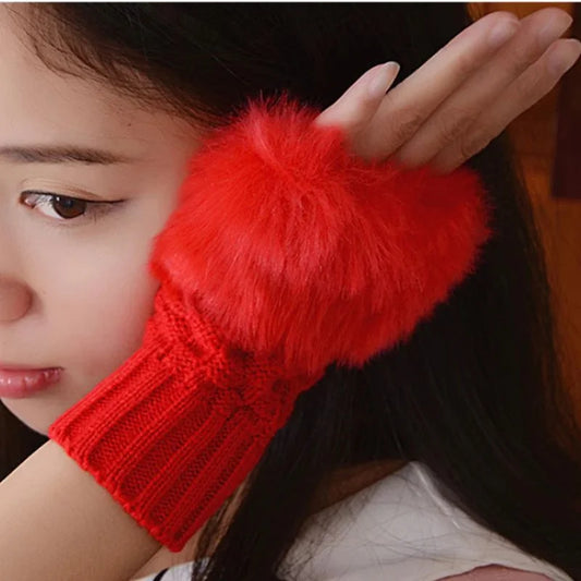 Women's Faux Fur Fingerless Knitted Gloves | Warm Winter Hand Wrist Warmers | Soft, Stylish & Comfortable