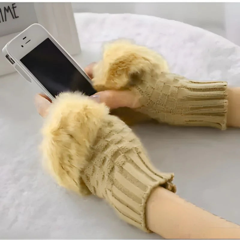 Women's Faux Fur Fingerless Knitted Gloves | Warm Winter Hand Wrist Warmers | Soft, Stylish & Comfortable