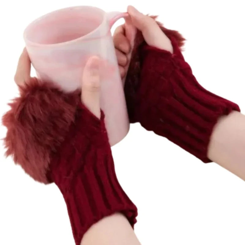 Women's Faux Fur Fingerless Knitted Gloves | Warm Winter Hand Wrist Warmers | Soft, Stylish & Comfortable