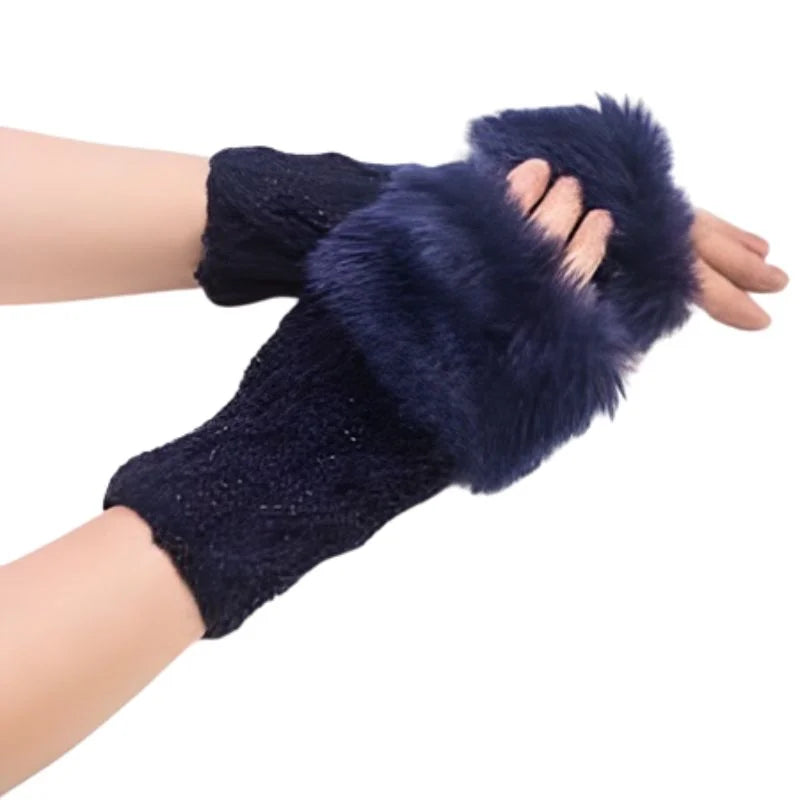 Women's Faux Fur Fingerless Knitted Gloves | Warm Winter Hand Wrist Warmers | Soft, Stylish & Comfortable