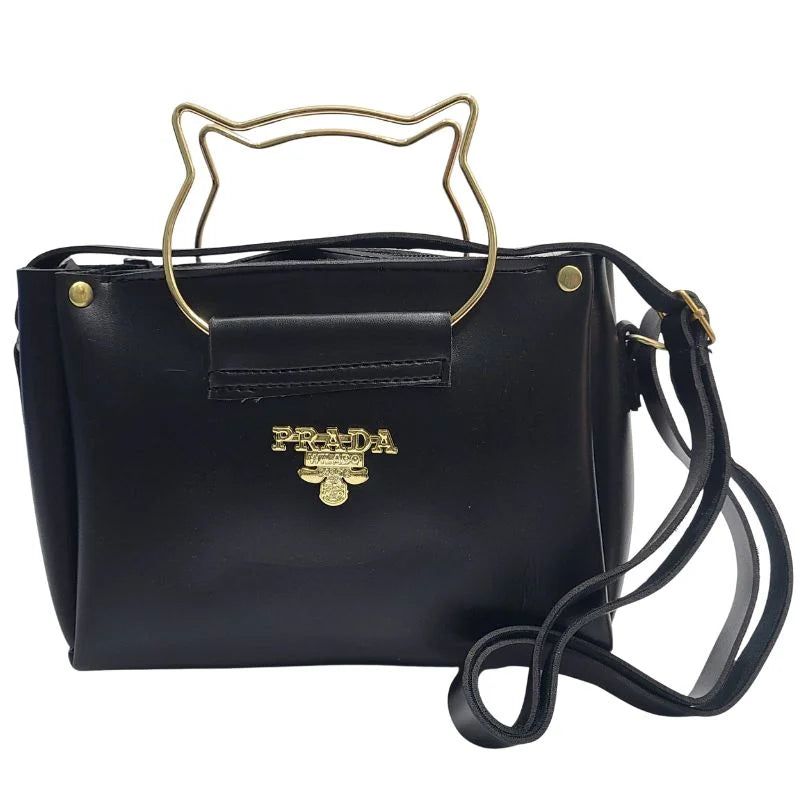 Elegant Cat Handle Handbag for Girls & Ladies | Stylish Shoulder & Crossbody Bag with Gold Accents | Adjustable Strap