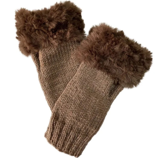 Women's Faux Fur Fingerless Knitted Gloves | Warm Winter Hand Wrist Warmers | Soft, Stylish & Comfortable