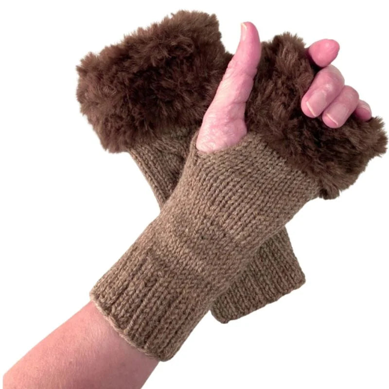 Women's Faux Fur Fingerless Knitted Gloves | Warm Winter Hand Wrist Warmers | Soft, Stylish & Comfortable