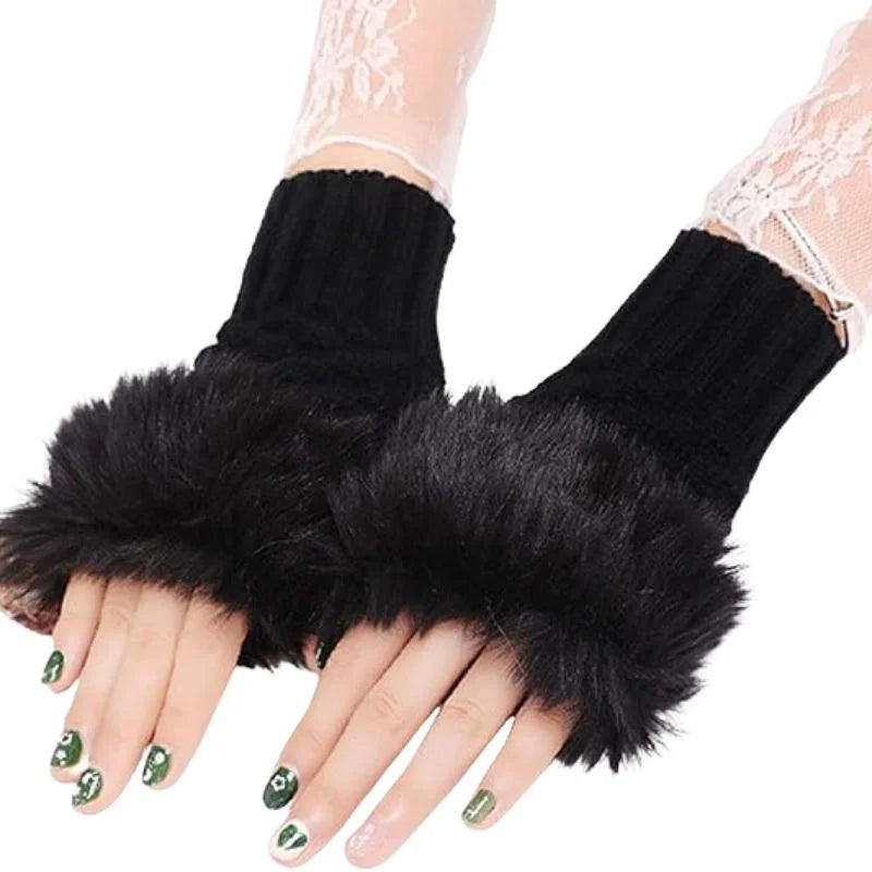 Women's Faux Fur Fingerless Knitted Gloves | Warm Winter Hand Wrist Warmers | Soft, Stylish & Comfortable