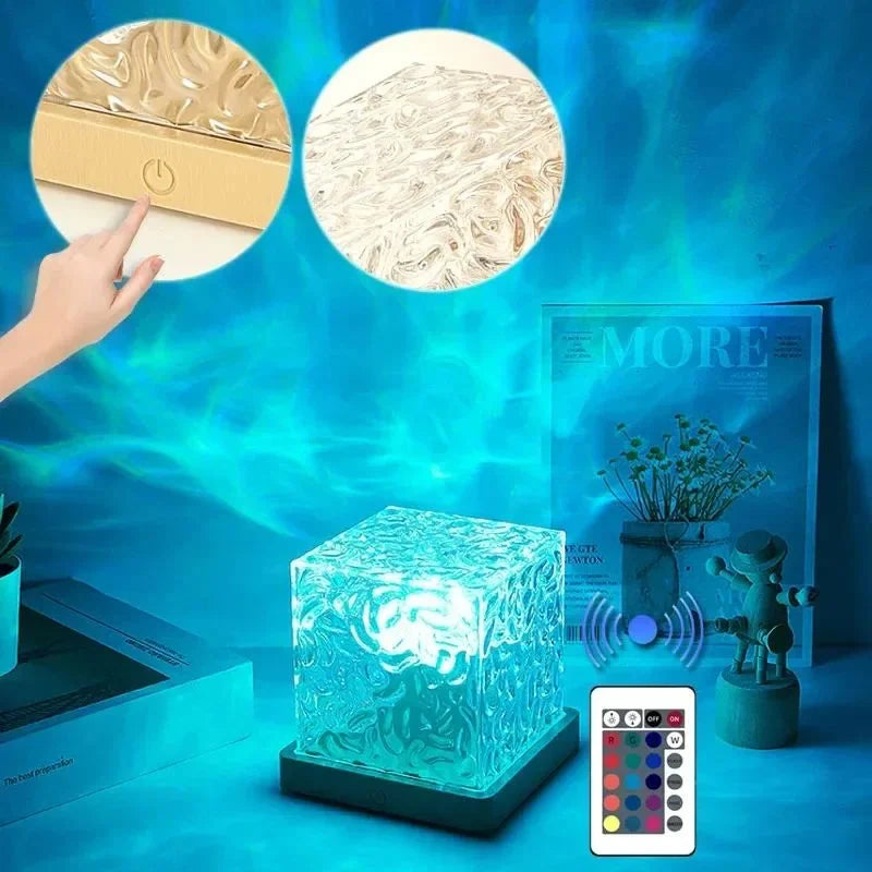 16 Colors Crystal Cube Ambient Light | RGB Water Ripple Lamp Projector with Remote Control | Dynamic Underwater Effect Mood Light for Bedroom, Living Room & Home Decor