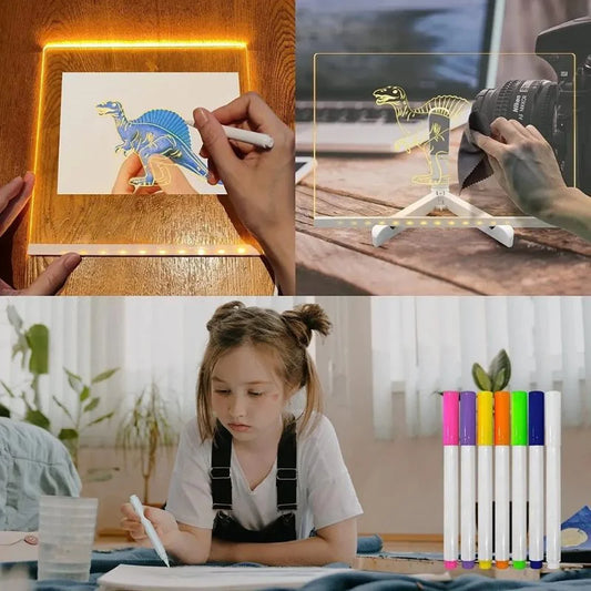 LED Acrylic Writing Board with USB Light | 7 Colorful Erasable Pens |  Message Board with Markers & Stand