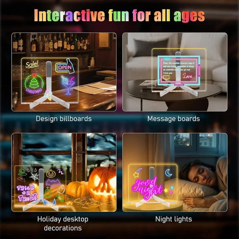 LED Acrylic Writing Board with USB Light | 7 Colorful Erasable Pens |  Message Board with Markers & Stand