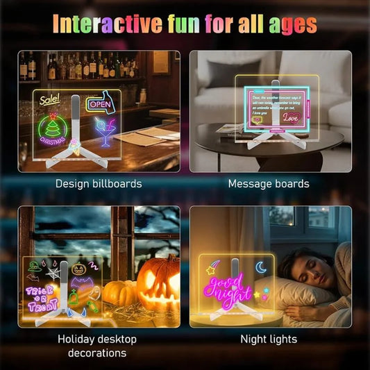 LED Acrylic Writing Board with USB Light | 7 Colorful Erasable Pens |  Message Board with Markers & Stand