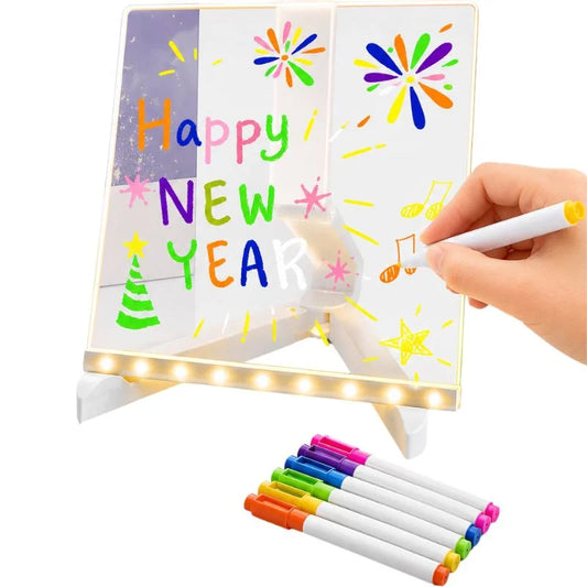 LED Acrylic Writing Board with USB Light | 7 Colorful Erasable Pens |  Message Board with Markers & Stand