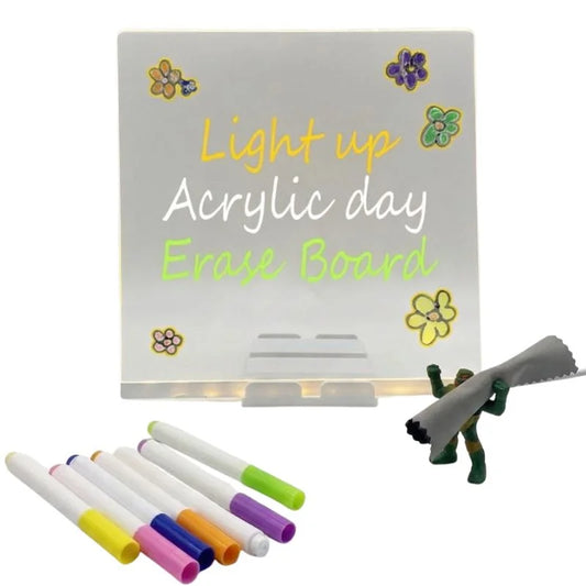 LED Acrylic Writing Board with USB Light | 7 Colorful Erasable Pens |  Message Board with Markers & Stand