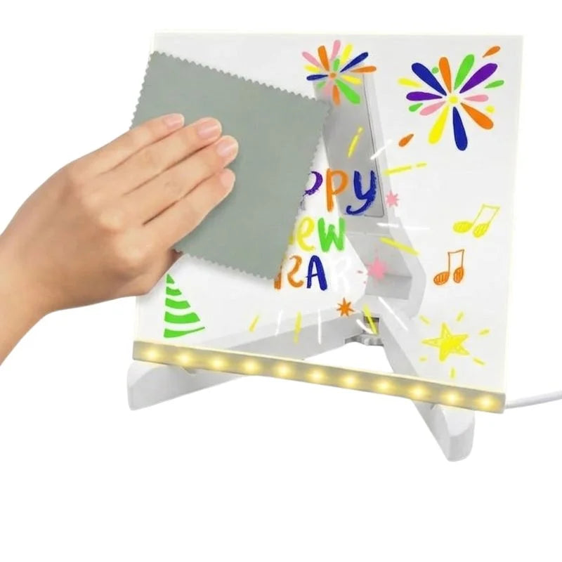 LED Acrylic Writing Board with USB Light | 7 Colorful Erasable Pens |  Message Board with Markers & Stand