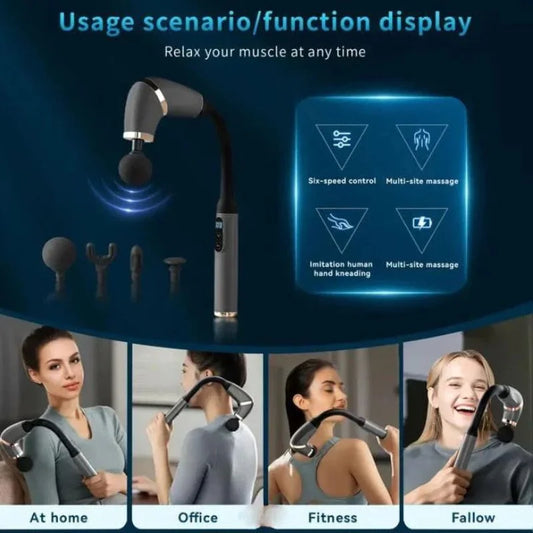 Long Handle Fascial Gun Massager | Model: BLD-339 |  Rechargeable Massage Gun with 4 Interchangeable Heads | Full Body Muscle Relaxation