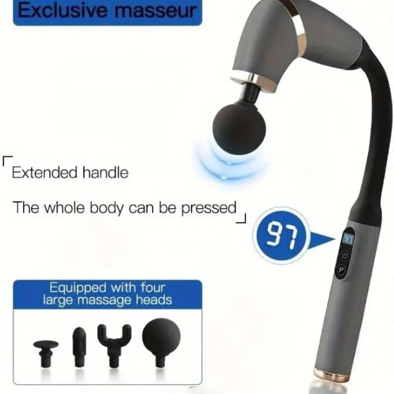 Long Handle Fascial Gun Massager | Model: BLD-339 |  Rechargeable Massage Gun with 4 Interchangeable Heads | Full Body Muscle Relaxation